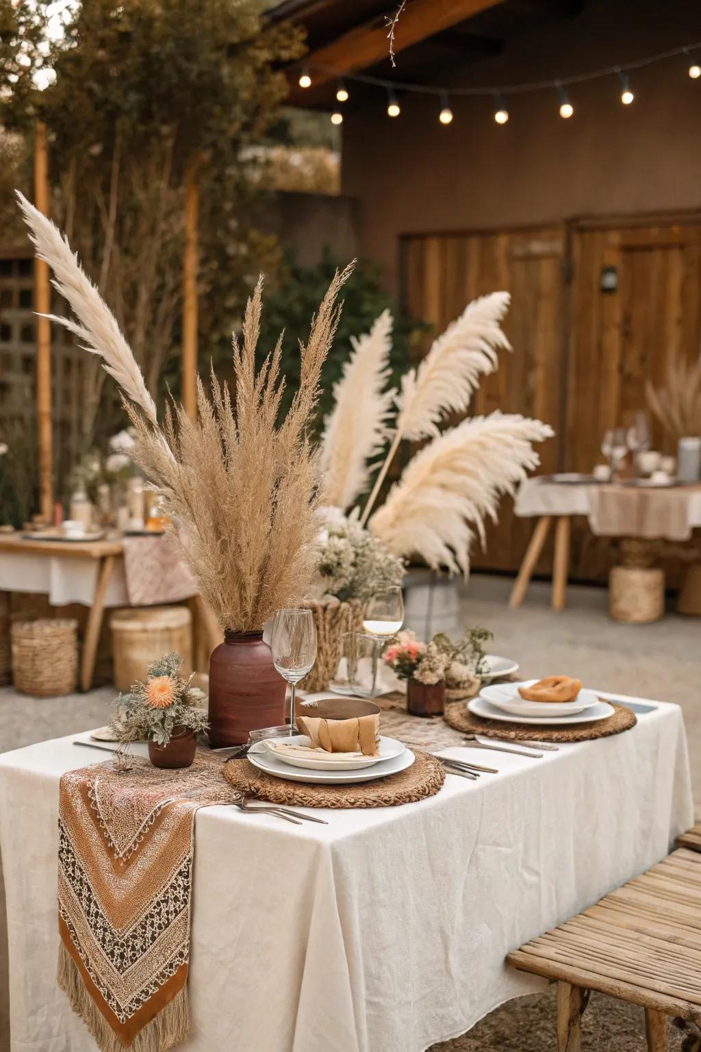 Plains grass brings a hint of sophistication to boho bridal shower decorations.