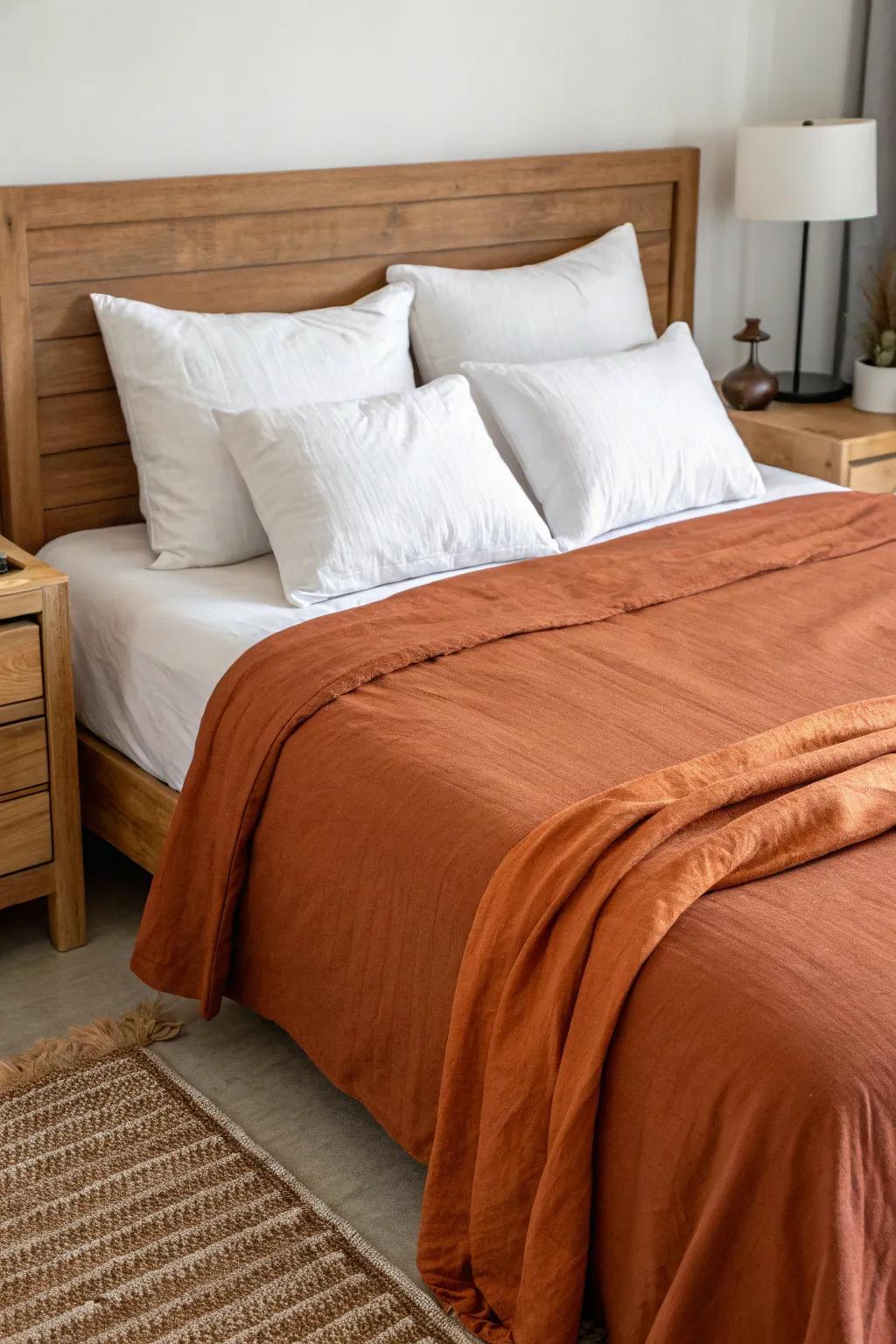 Sunset hues bedding creating an inviting central point.