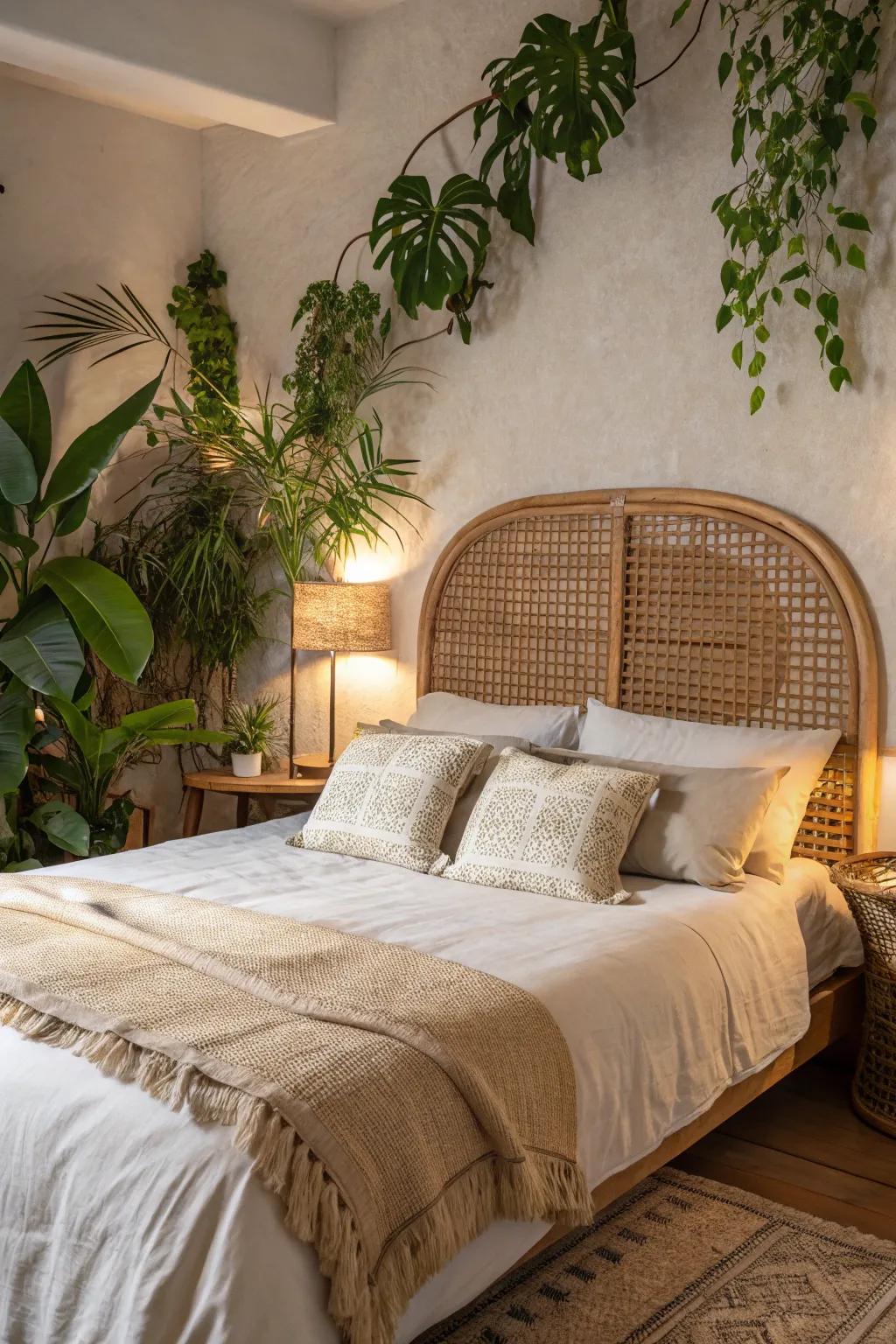 A woven rattan headboard lends a natural, earthy feel to this boho bedroom.