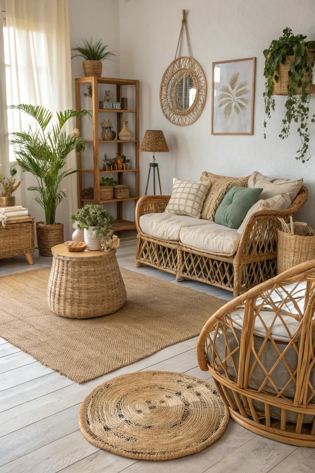 Natural textures craft a peaceful and secure bohemian living space.