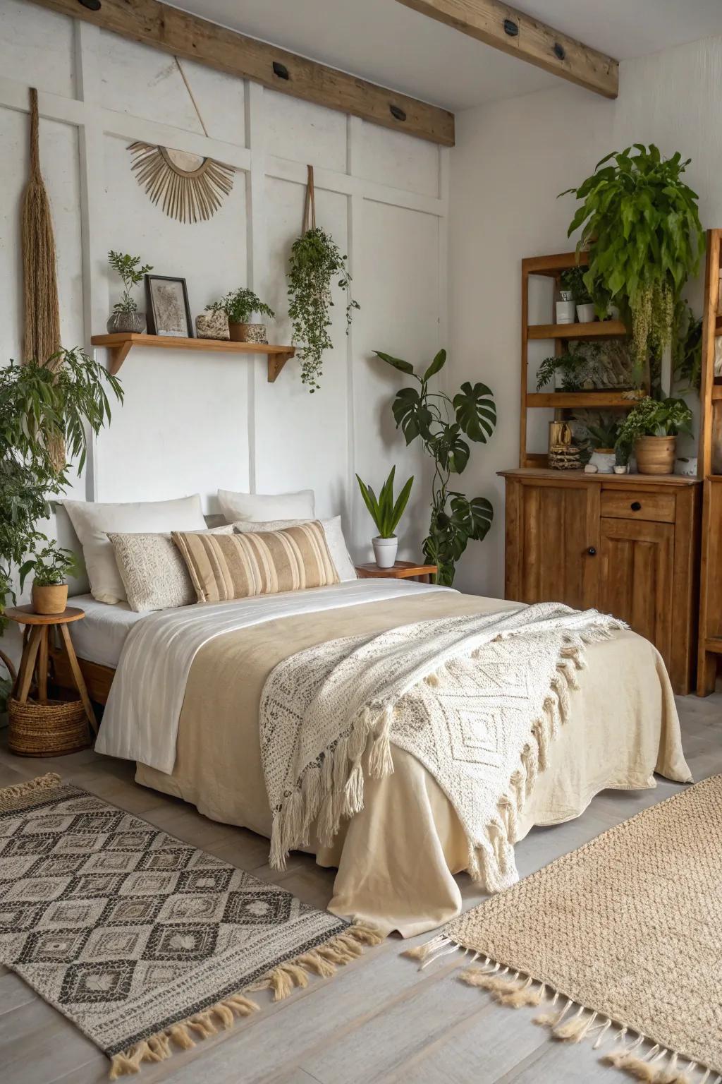 Neutral tones create a soothing and unified boho vibe.