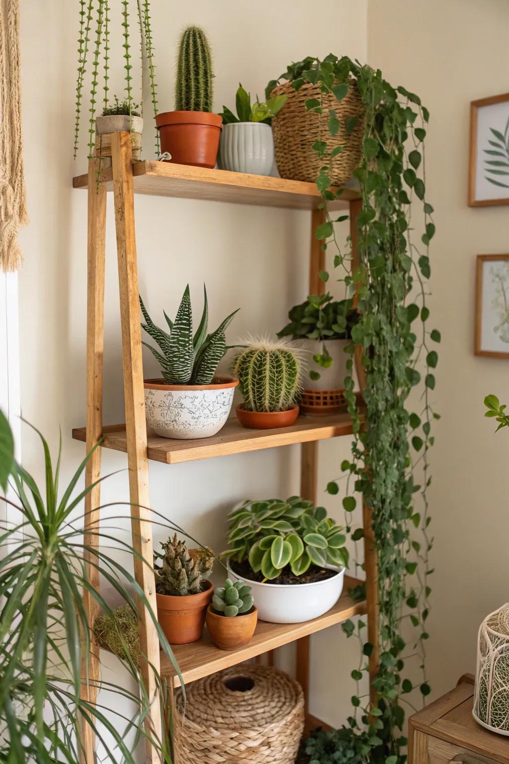 Liven up your shelves with a variety of indoor plants.