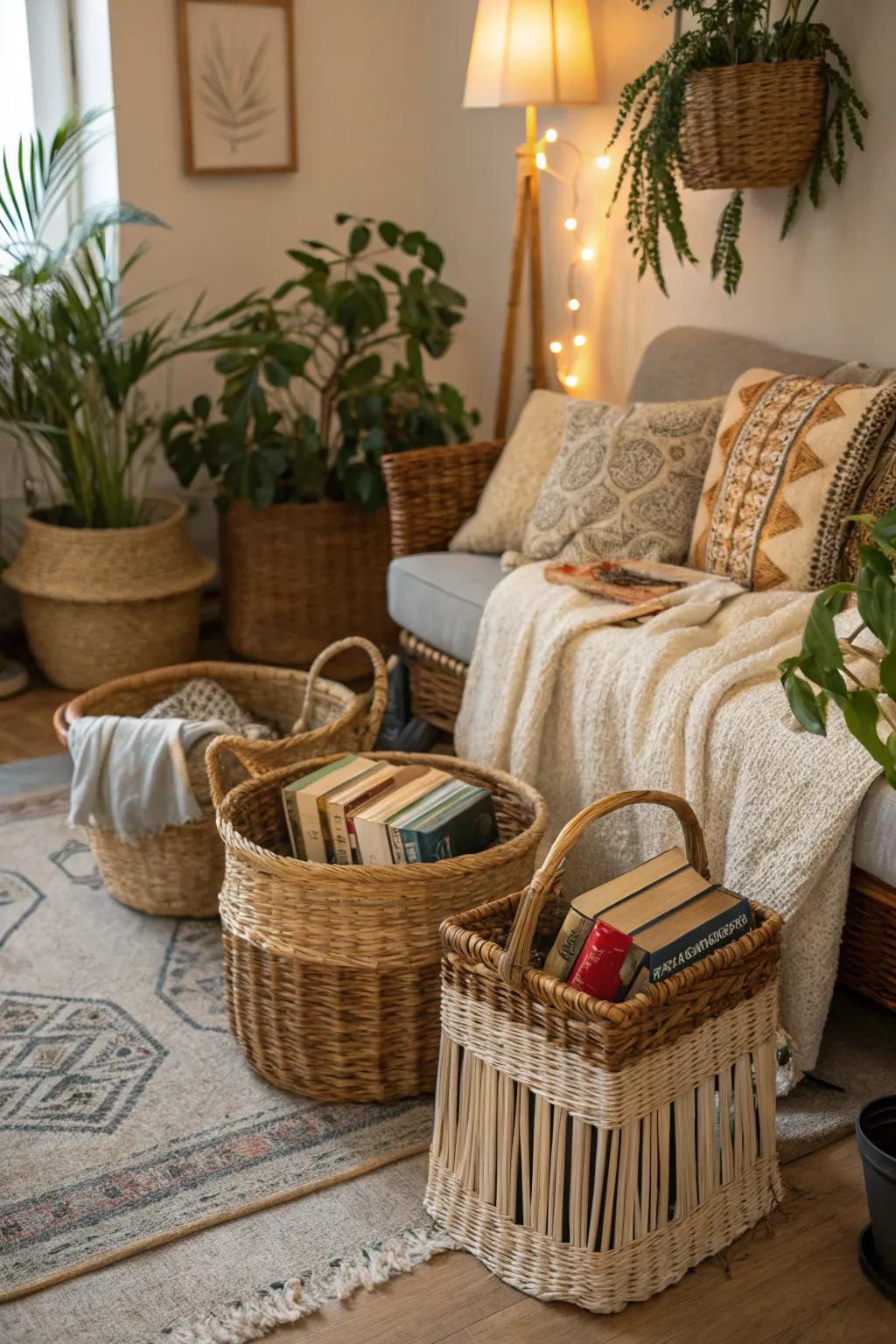 Twiggy baskets bring a delightful texture and warmth to your boho-themed abode.