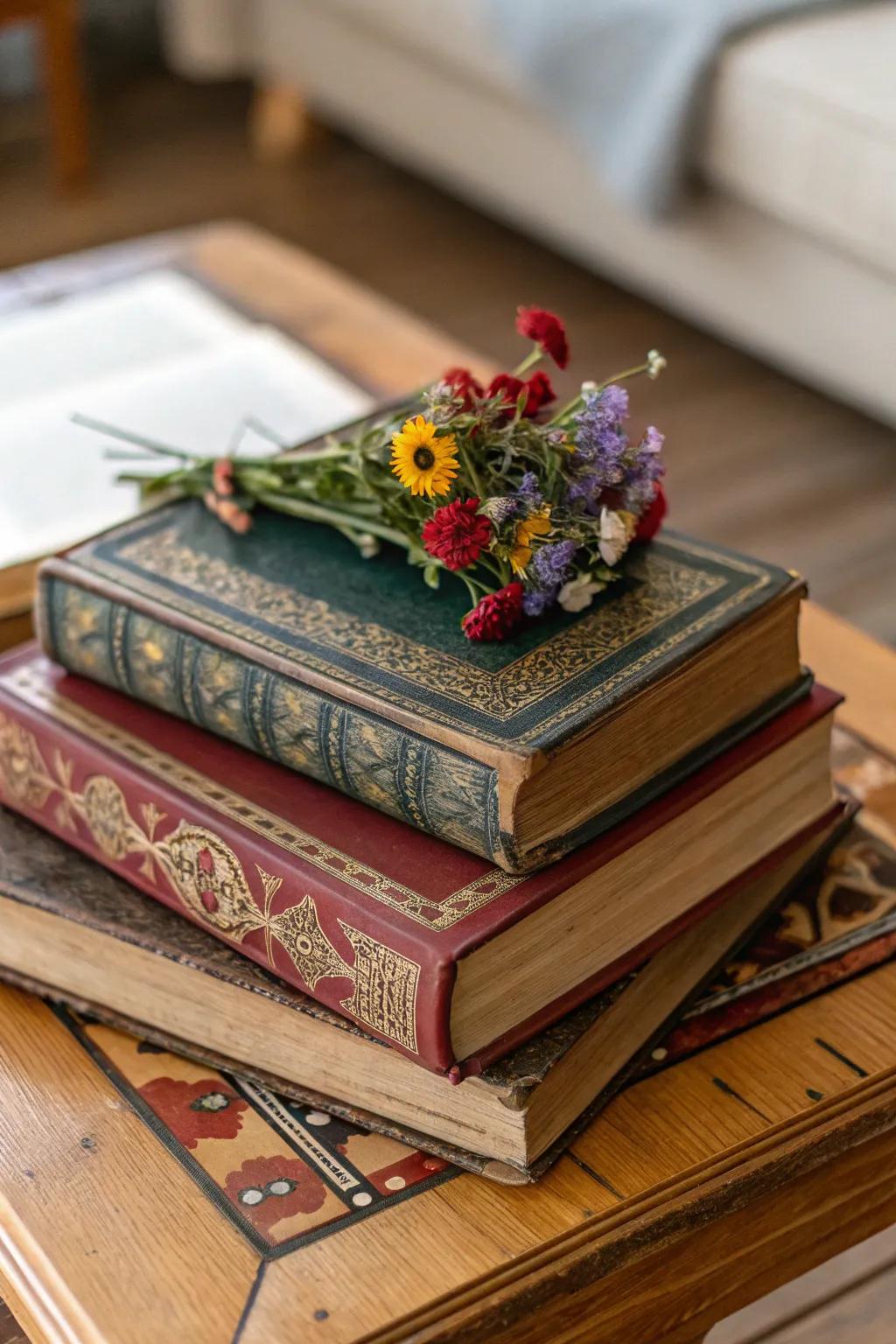 A classic centerpiece featuring stacked vintage books topped with fresh florals.