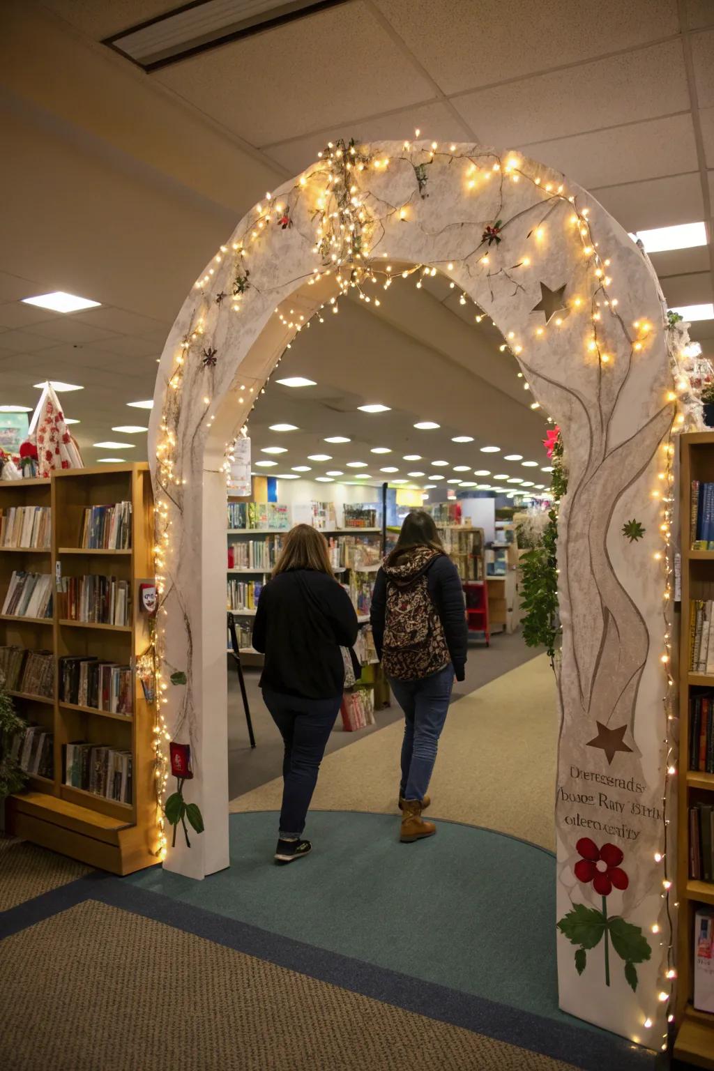 A captivating entryway to the book fair illuminated with shimmering lights and a uniquely designed archway.
