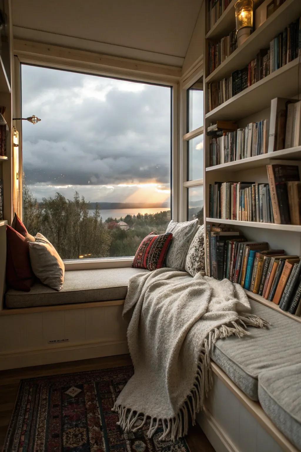 A window seat nook that showcases a gorgeous outdoor view and welcoming decor.