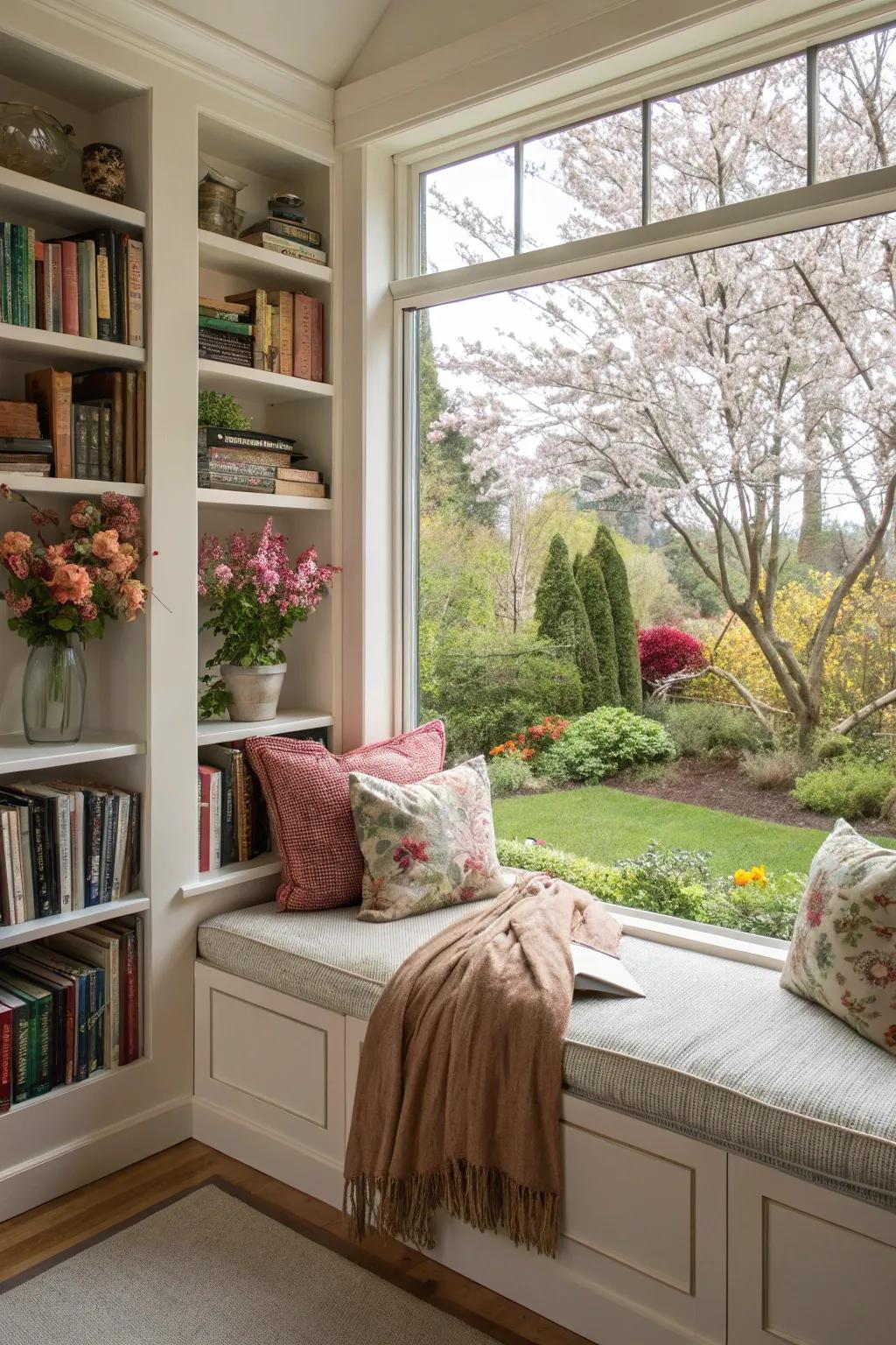 A reading nook by the window that marries snugness with the beauty of nature.