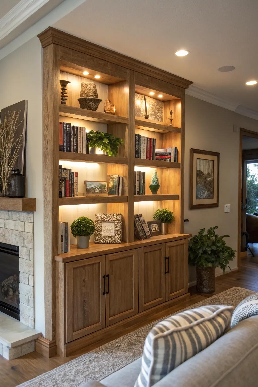 Elevate your living space with a smooth, built-in bookcase design.