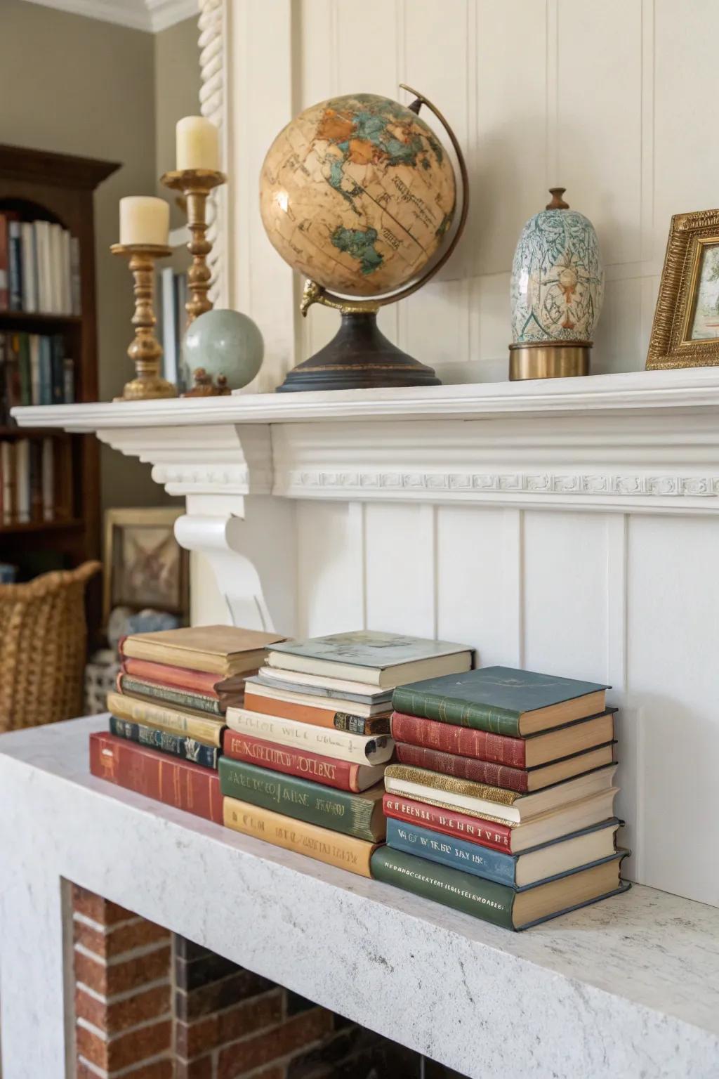 Books arranged in inventive stacks to enhance height and visual interest.