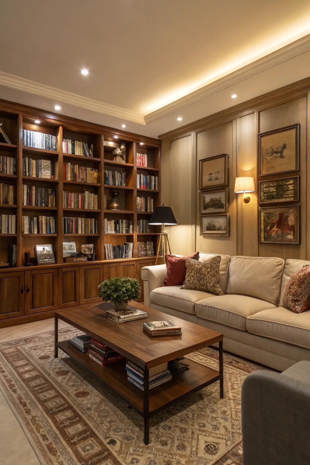 Integrated bookshelf wall in the living room for a warm atmosphere.