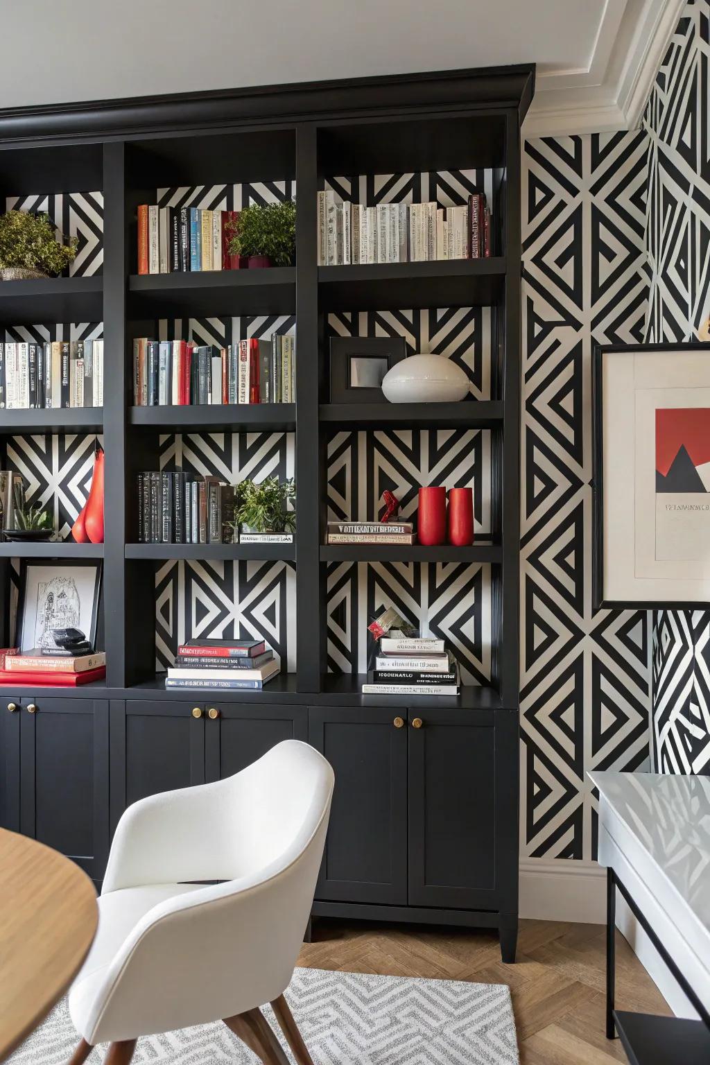 Bookshelf featuring striking black-and-white geometric wallpaper.