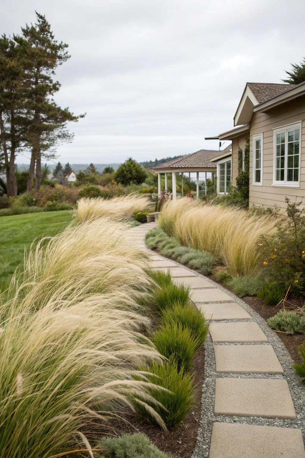A garden path with Silken Strands Grass creating a soft border.
