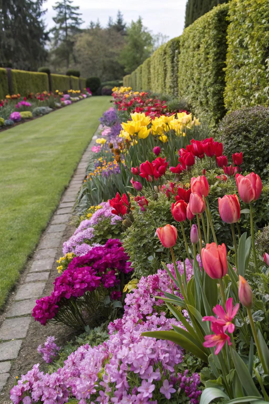 A vibrant garden border featuring zinnias, freesias, and pansies.
