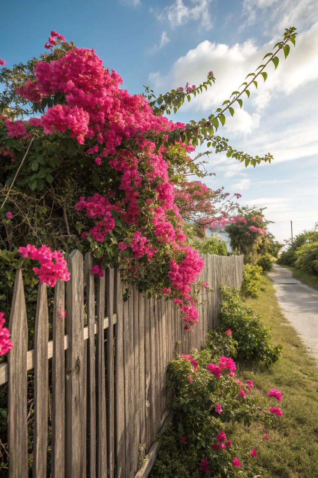 A timber fence turned into a bright display with bougainvillea.