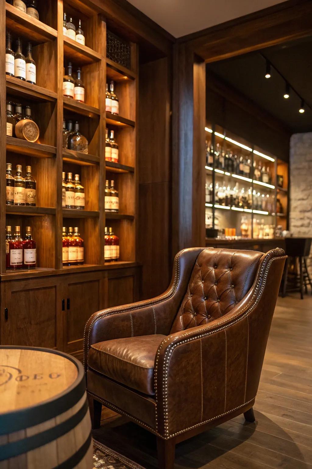 A luxurious leather chair offers timeless relaxation to a spirits lounge.