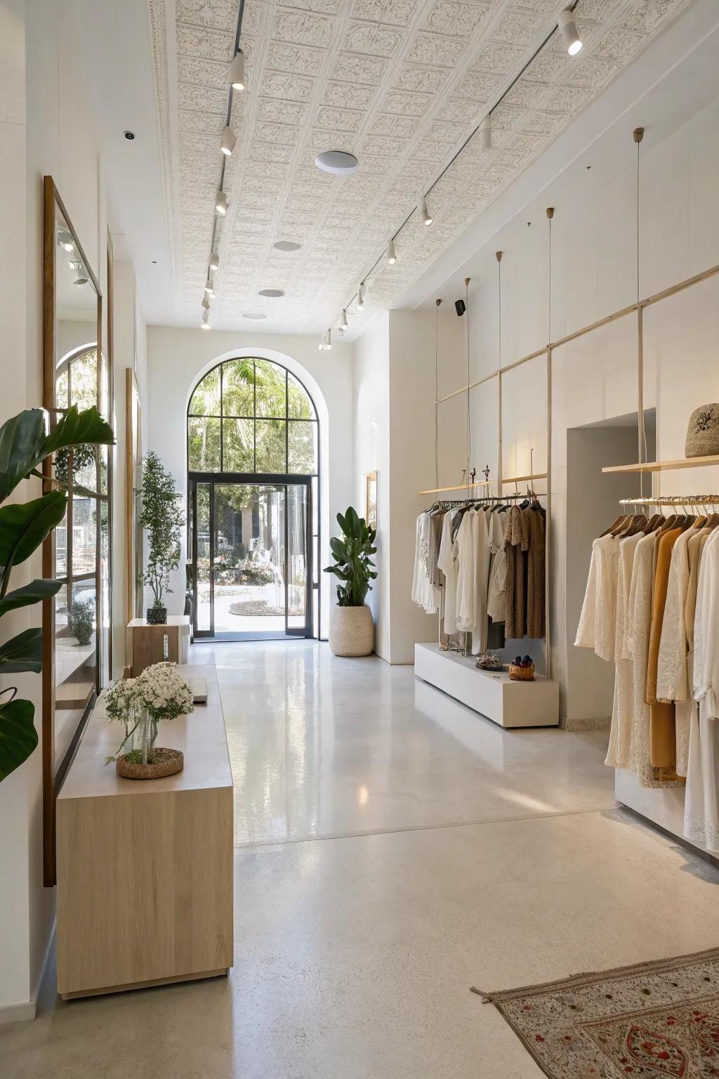 A minimalist boutique space with a modern touch, featuring clean lines and an open layout.