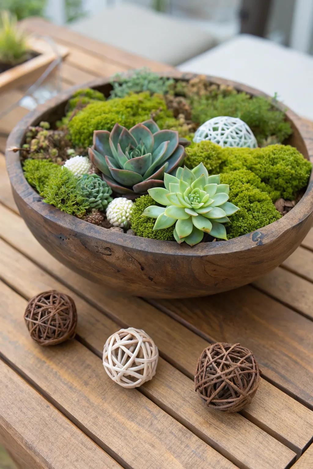 An artless wooden bowl showcasing greenery and succulents