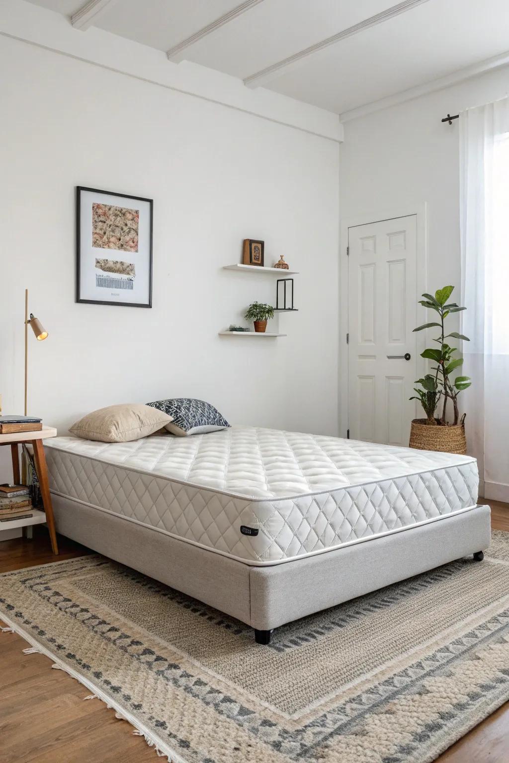 A minimalist dream with a mattress foundation right on the floor.