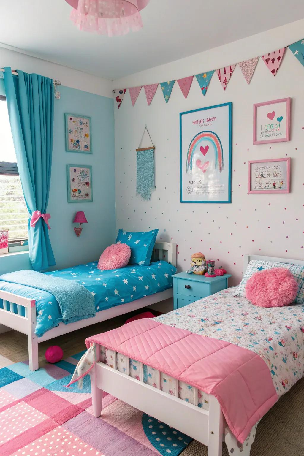 Employing complementary colors like blue and pink helps create distinct yet unified spaces.