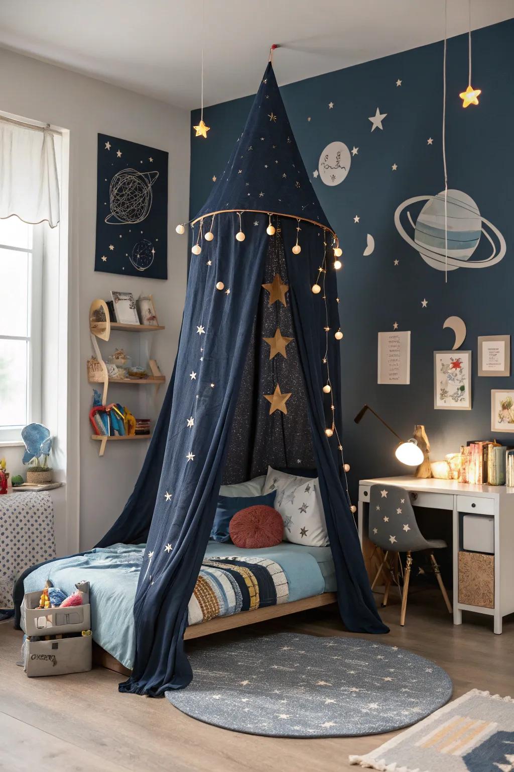 Lift off into dreamland with a space explorer's canopy bed.