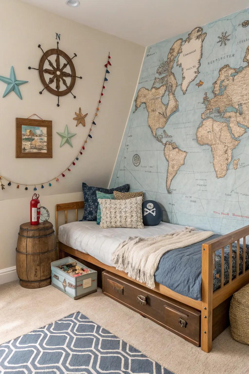 Inspire young explorers with an adventure-themed daybed setup.