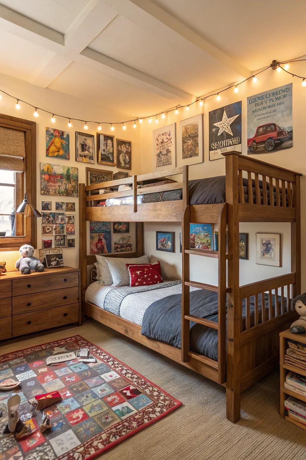 Timeless timber bunks bring coziness and tradition to a boys' room.