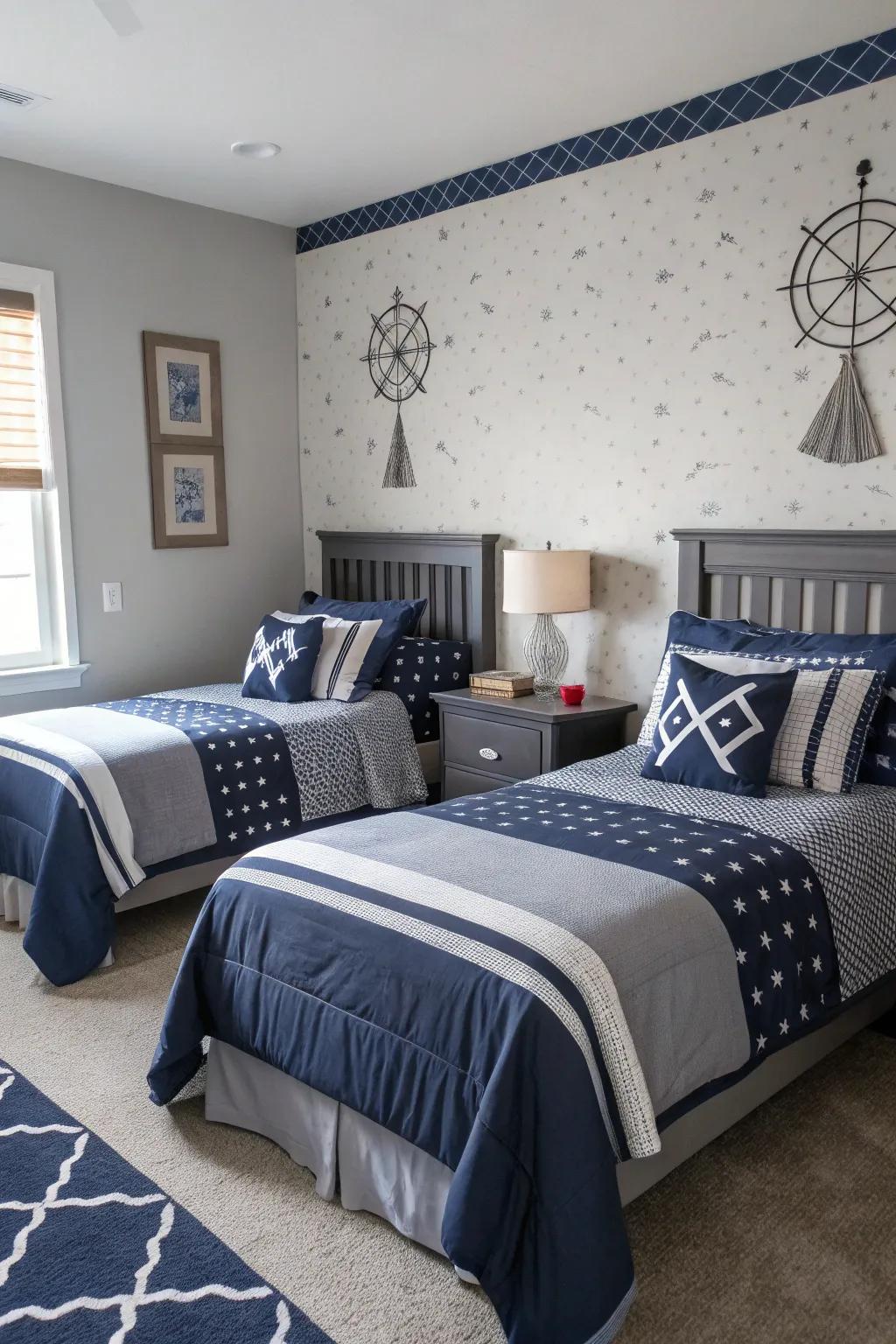 A harmonious blend of navy and gray offers a timeless appeal.