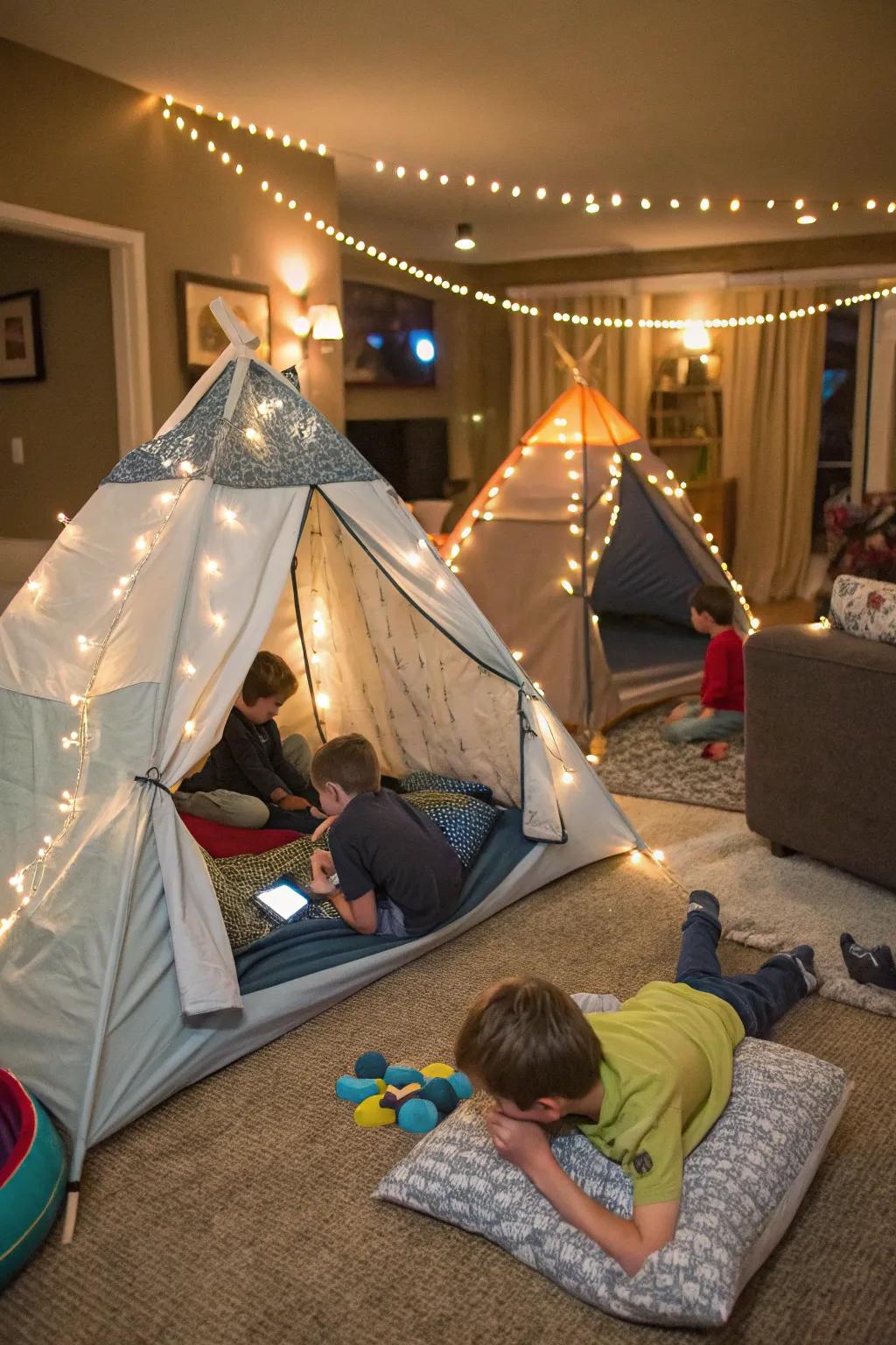 For a comfortable and adventurous sleepover, use indoor tents.