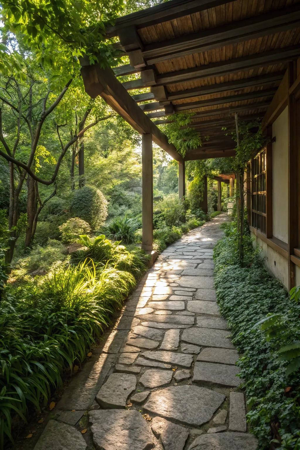 A delightful stone pathway lending a rustic feel to the breezeway.