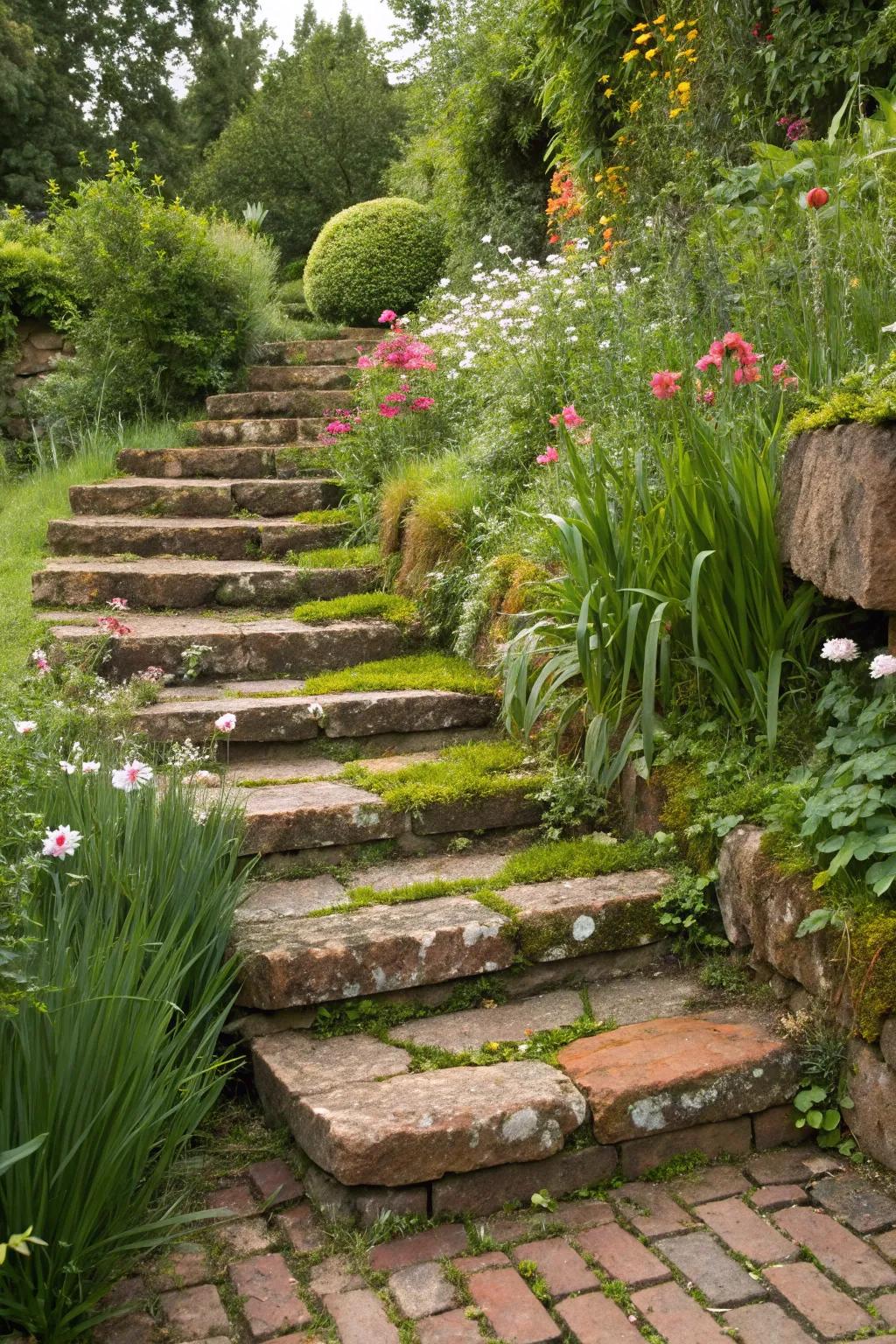Brick steps meandering through a flourishing garden scene.