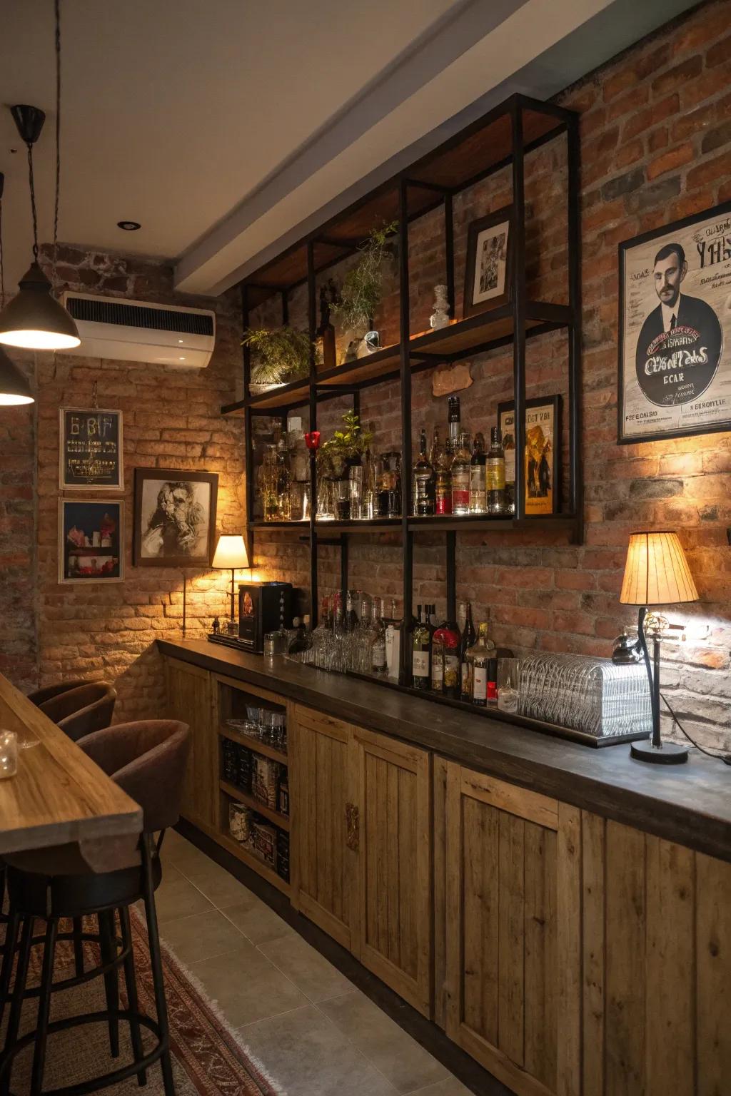 An attractive home bar with a brick wall that's exposed, enriched with vintage-inspired decor.