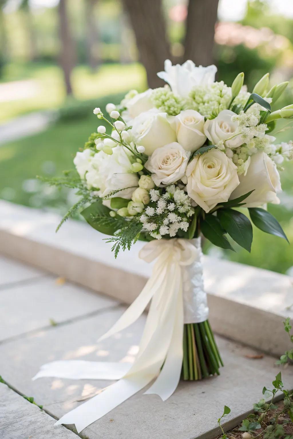 An ageless white bouquet that complements any wedding theme beautifully.