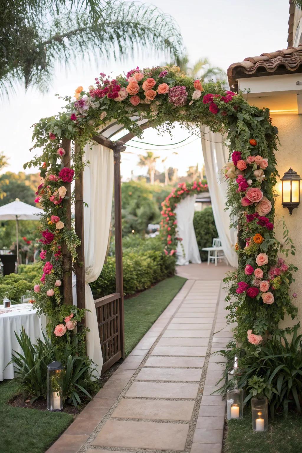 Visitors are welcomed by a magnificent floral archway at the entrance of the bridal shower.