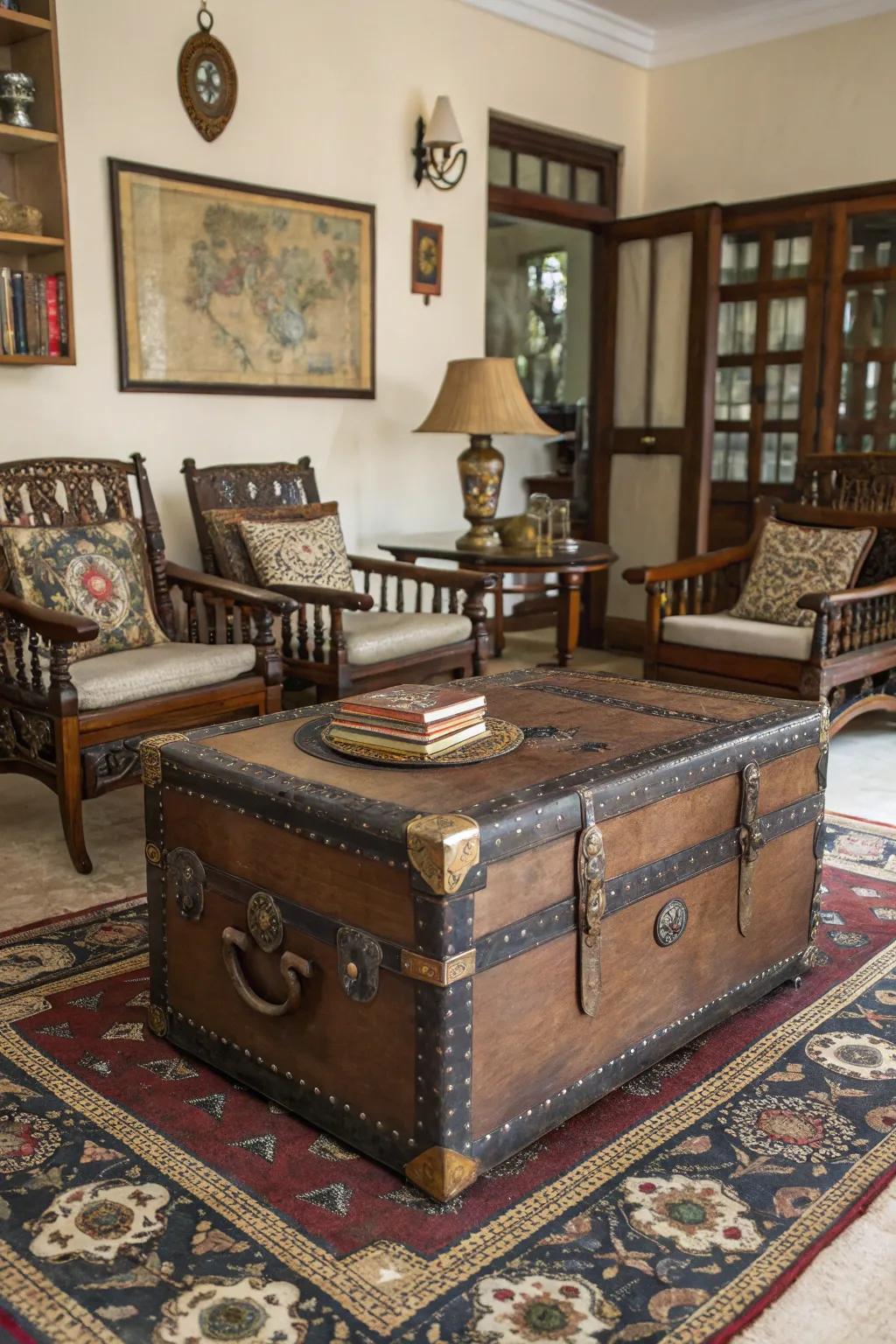 An old chest serving as a center table provides allure and individuality.