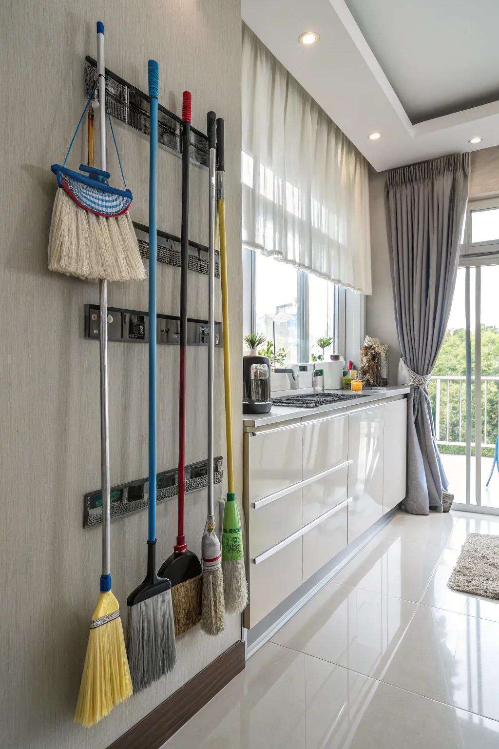 Wall-attached mounts are a polished way to arrange cleaning implements.