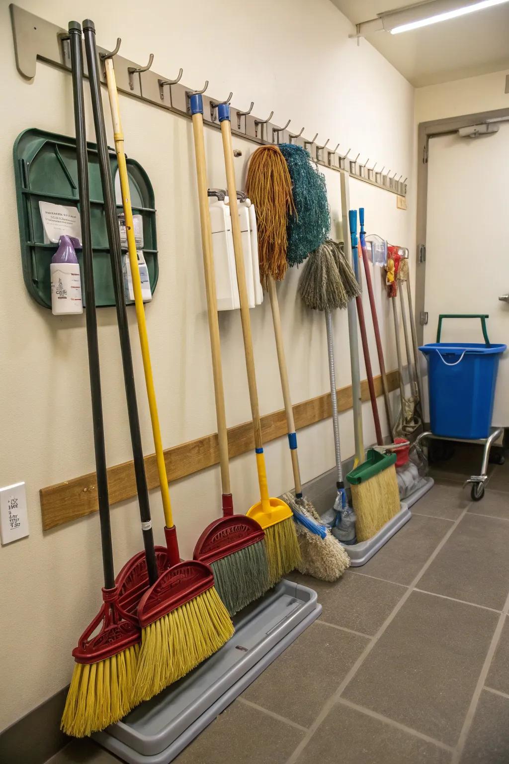 Efficient wall-mounted storage for brooms and mops.