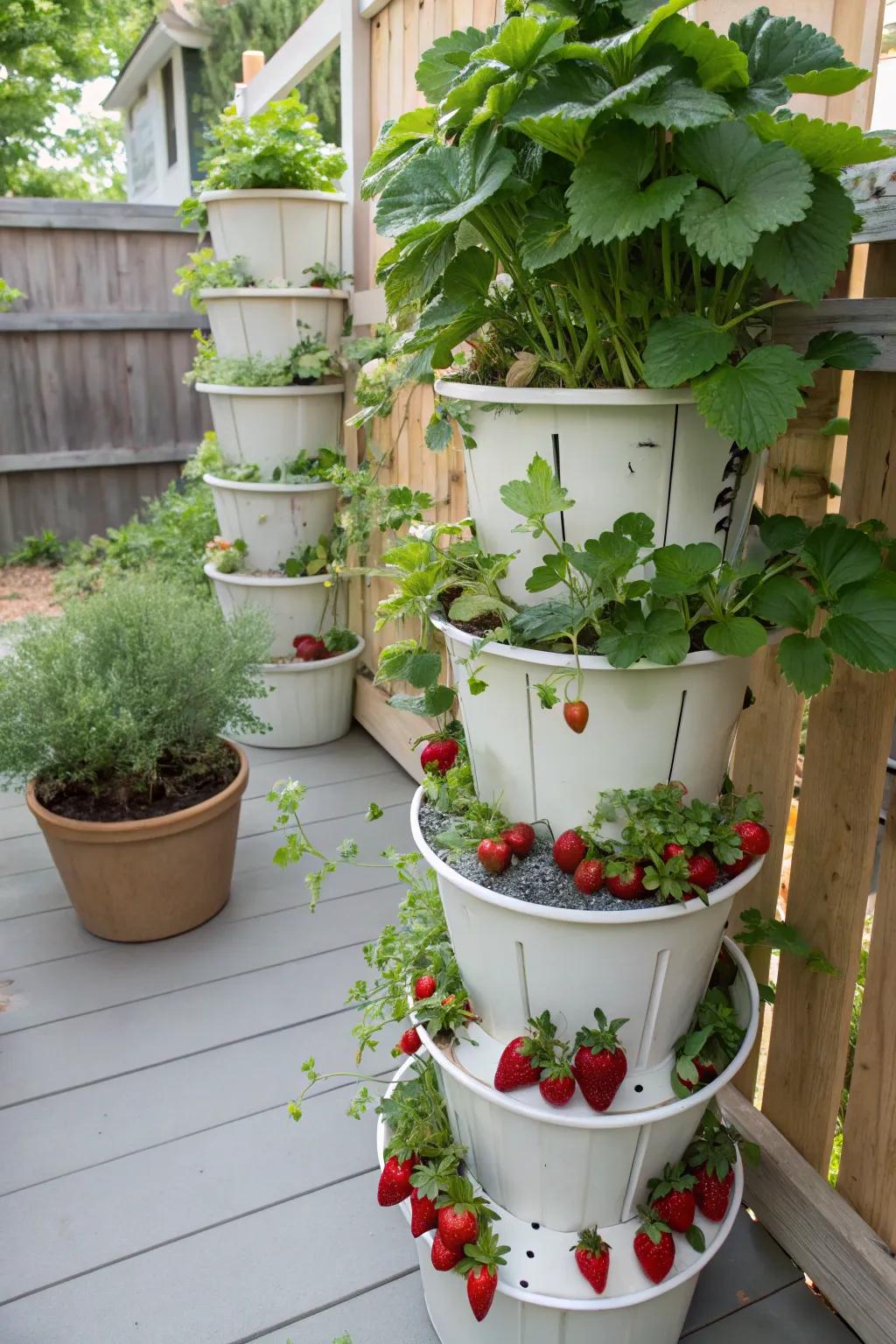 A vertical bucket structure brimming with strawberries and herbs.