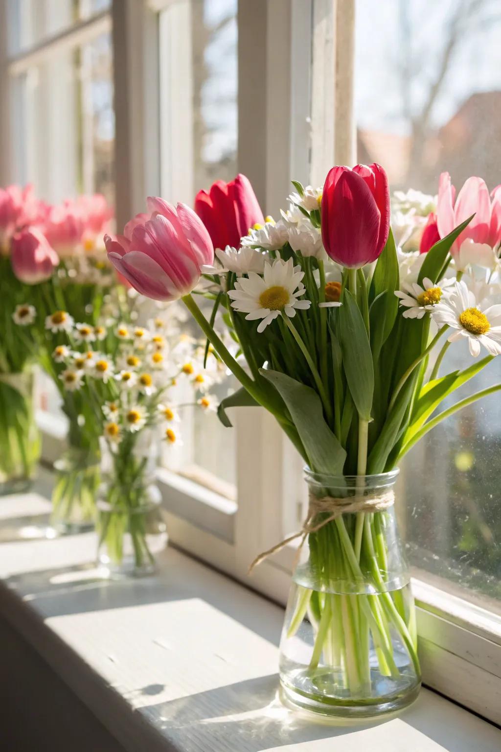 Invigorate your space with bright daffodils and posies in small vases.