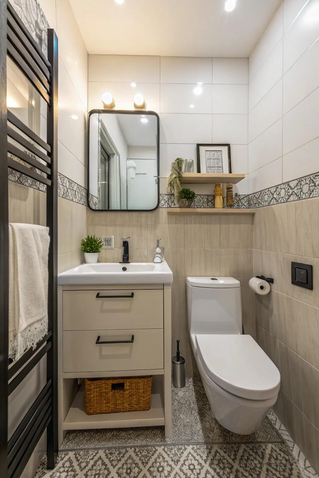 A small bathroom featuring compact vanity and toilet to maximize space.