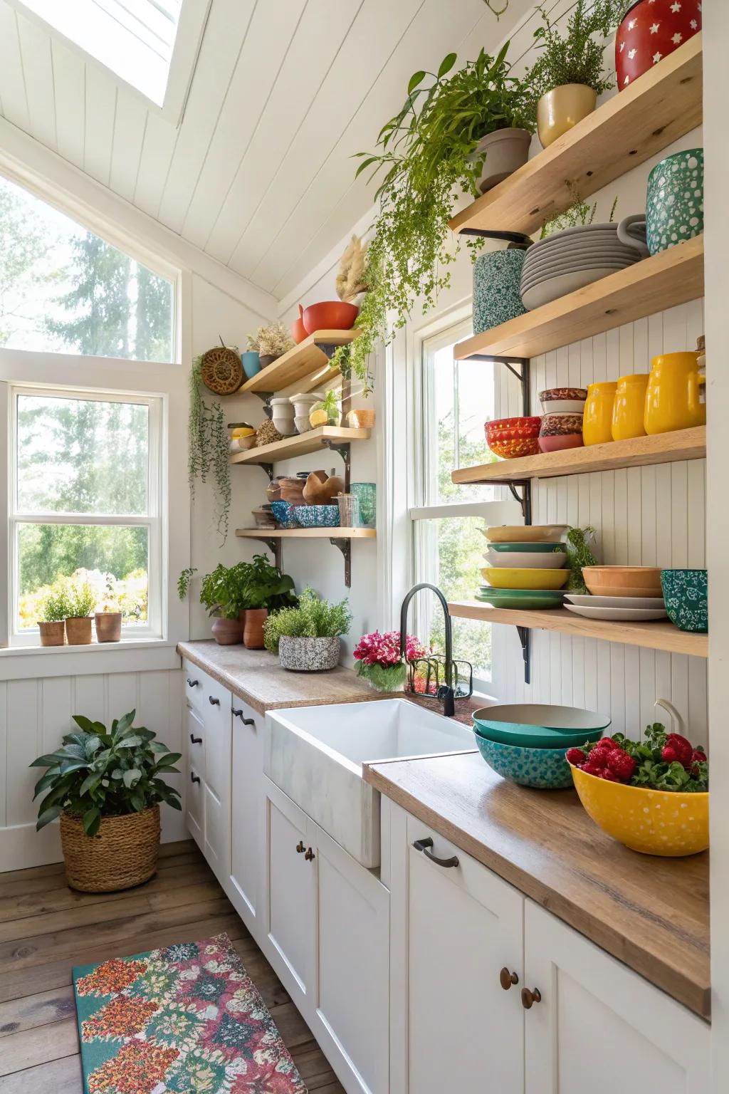 Open shelving lends a personal and practical appeal to this intimate kitchen.