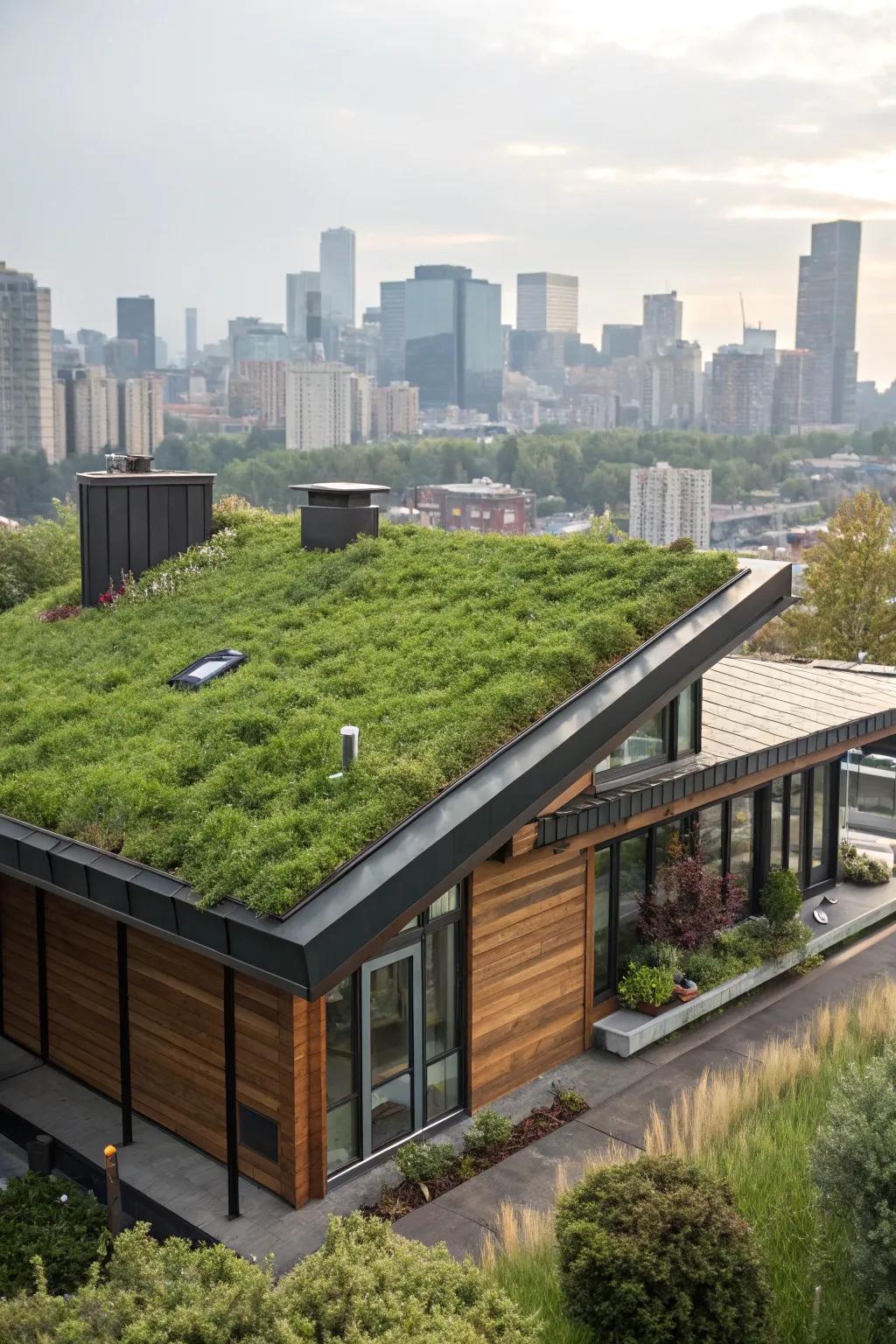 A modern home with a green roof, adding a touch of nature to urban living.