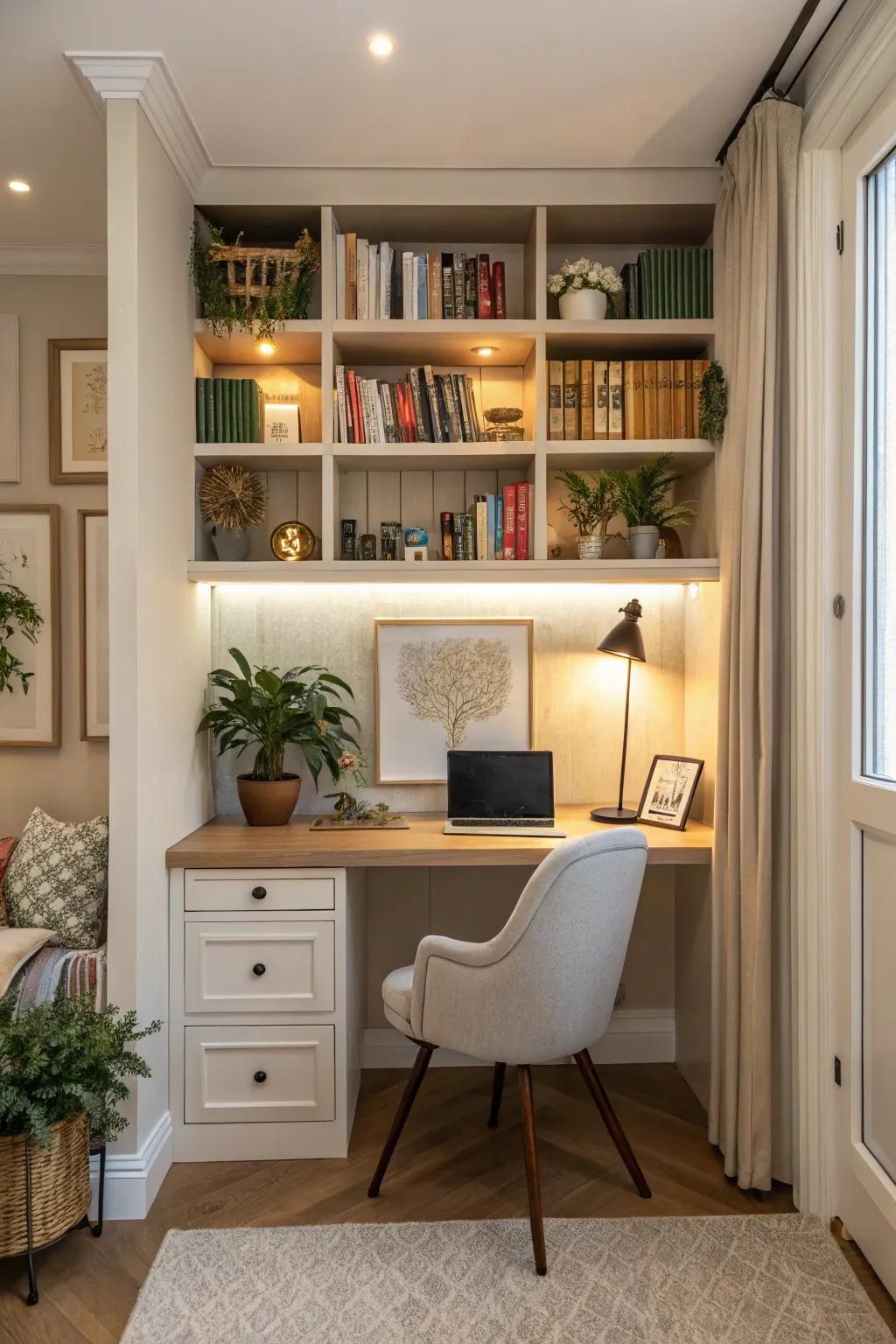 A smart alcove turned into a useful workspace.