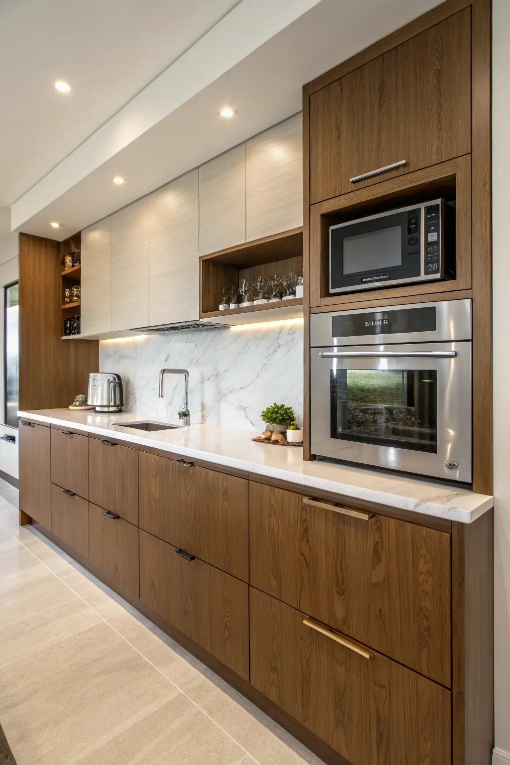 A microwave naturally placed in the kitchen cabinetry over the counter area.