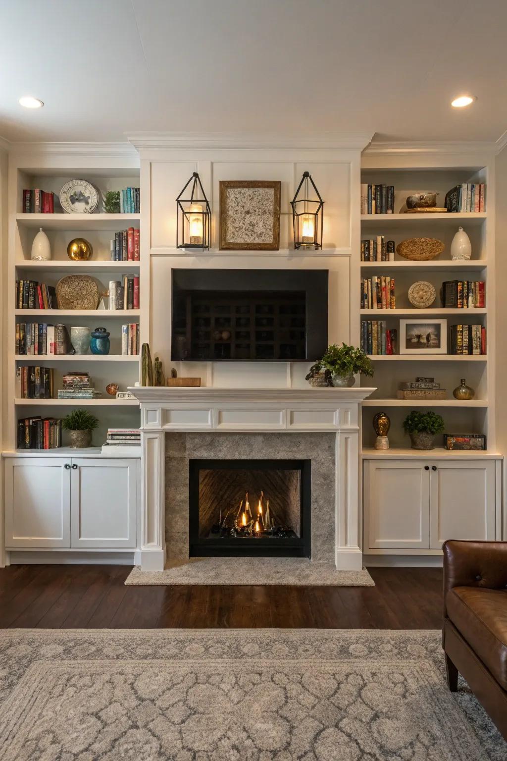 Symmetrical shelves add balance and create a welcoming ambiance around the fireplace.