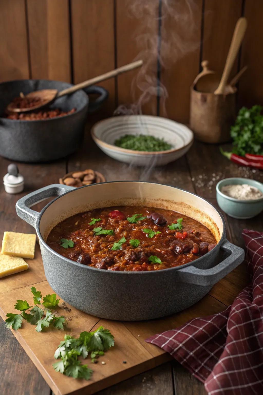 A steaming pot of revamped classic chili, inviting and aromatic.