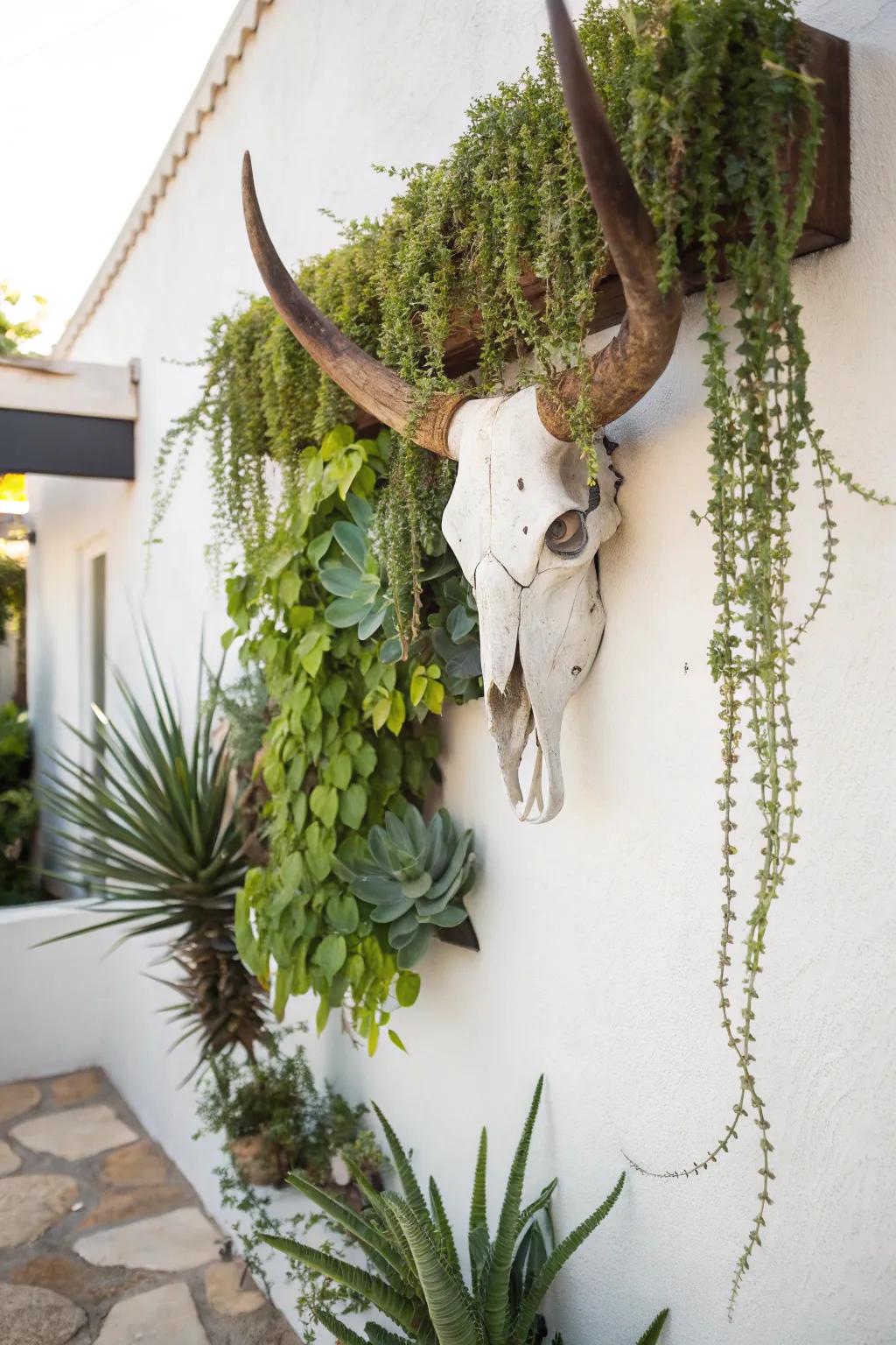 Bovine skull adorned with succulent accents for a natural touch.