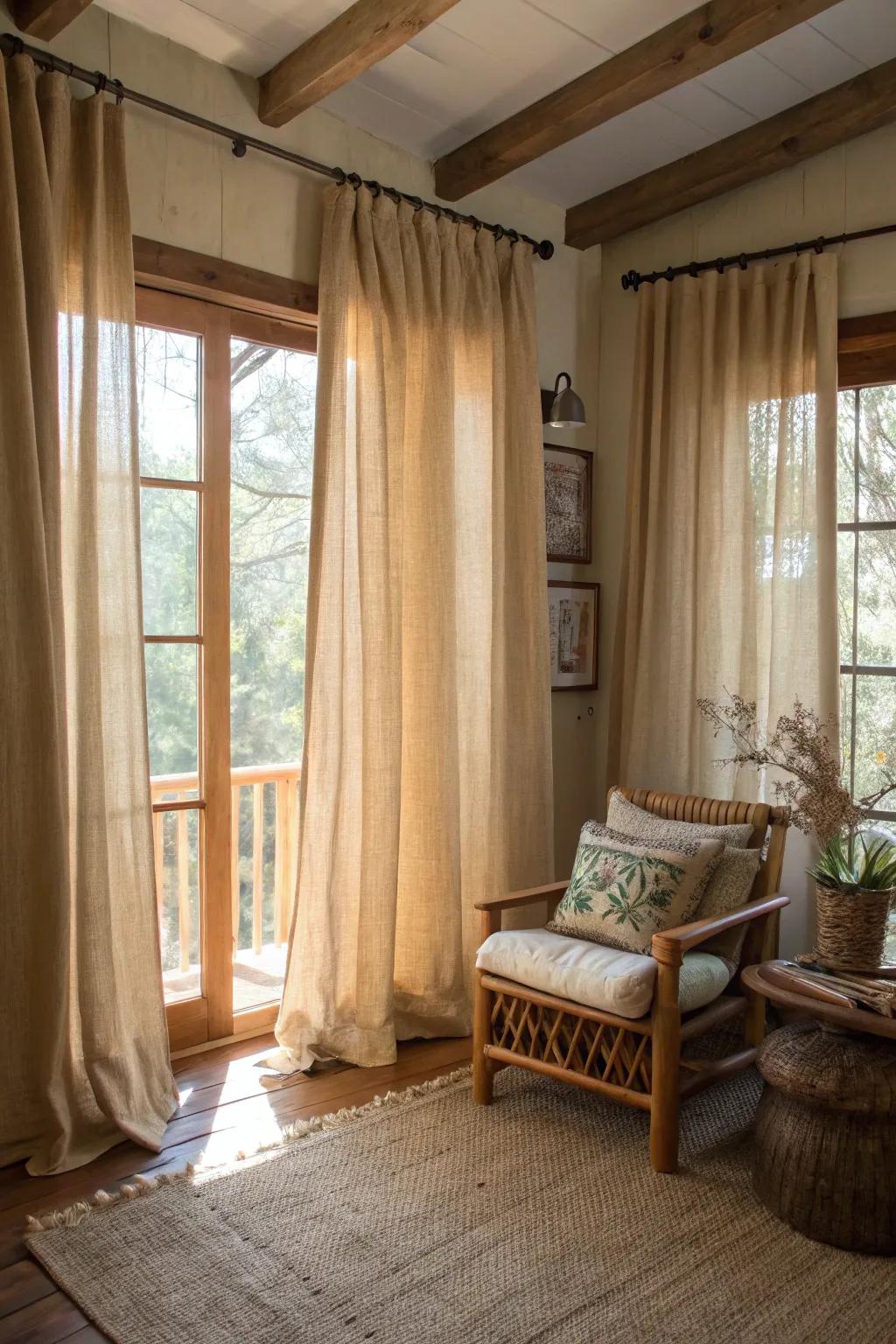 Effortless charm with no-sew woven fiber drapes.