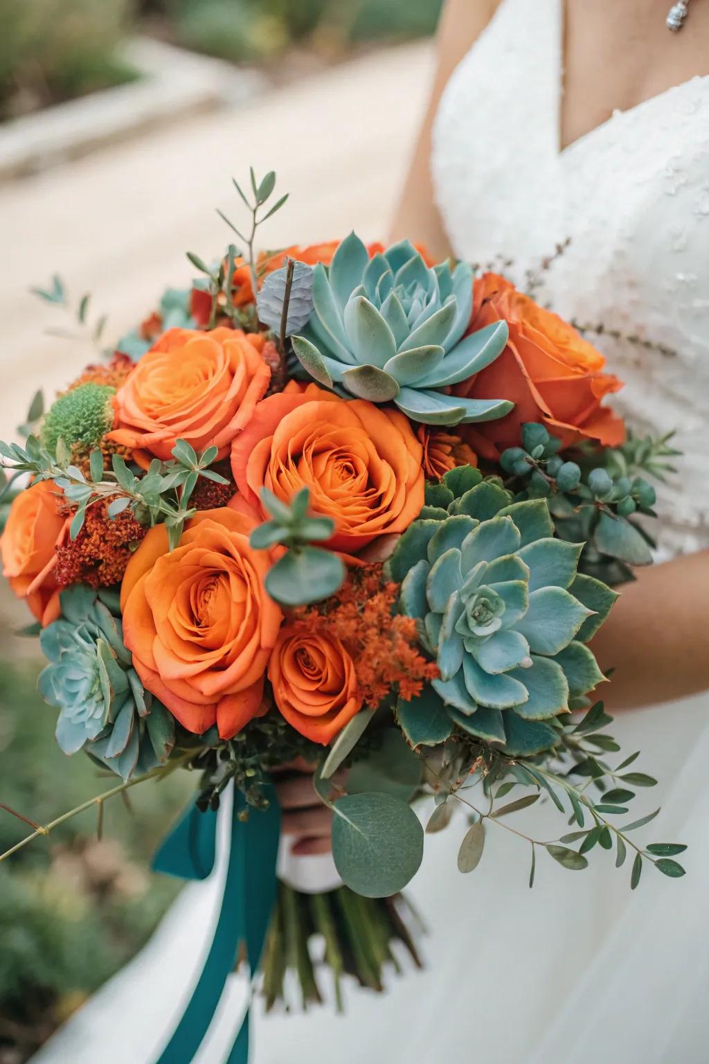 A bridal bouquet harmonizing sunset orange and seafoam green flawlessly.