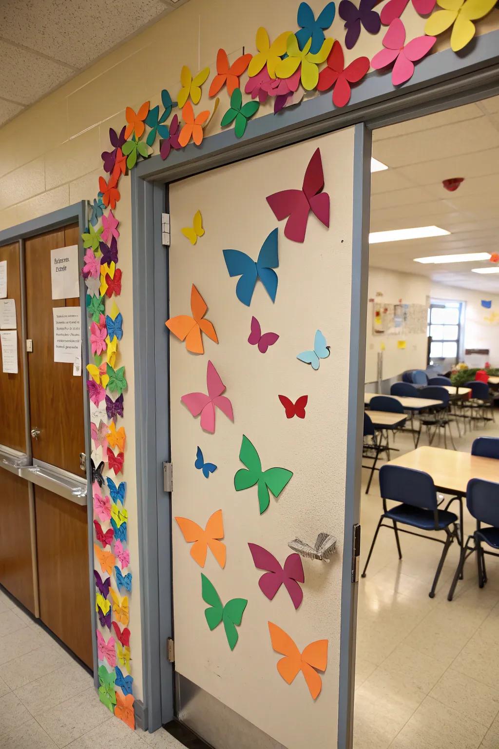 Brighten up your classroom entrance using a spectrum of flutter shapes.