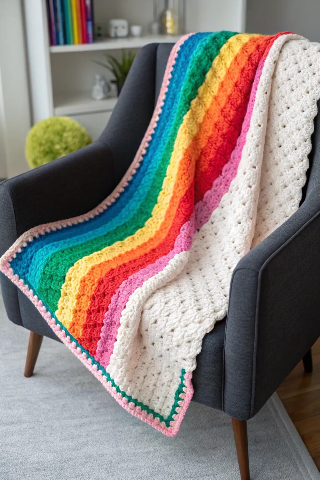 This C2C blanket is brought to life by the rainbow border.